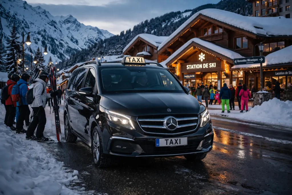 Véhicule Tara Taxi devant une station de ski enneigée