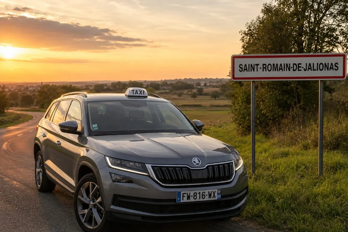 Taxi Škoda Kodiaq gris Tara Taxi devant le panneau de Saint-Romain-de-Jalionas